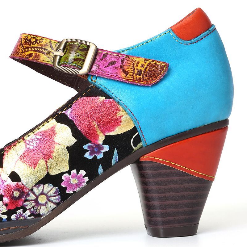 Dames Geschilderde Zonnebloemen Echt Leer Elegante Enkel Gesp Mary Jane Pumps