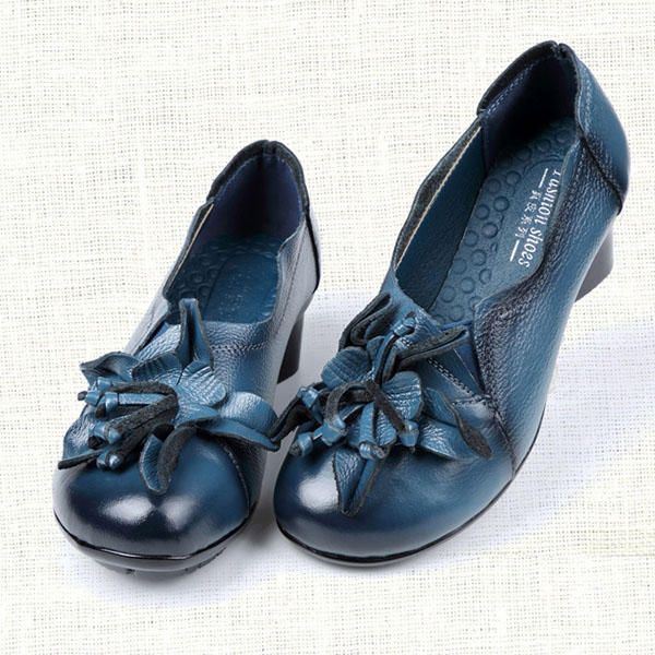 Dames Grote Maat Bloemen Decoratie Pure Kleur Mid Heel Retro Pumps