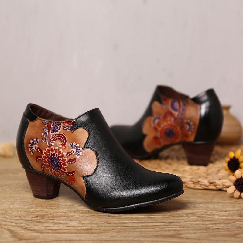 Dames Handgeschilderde Bloemen Stiksels Lederen Rits Pumps