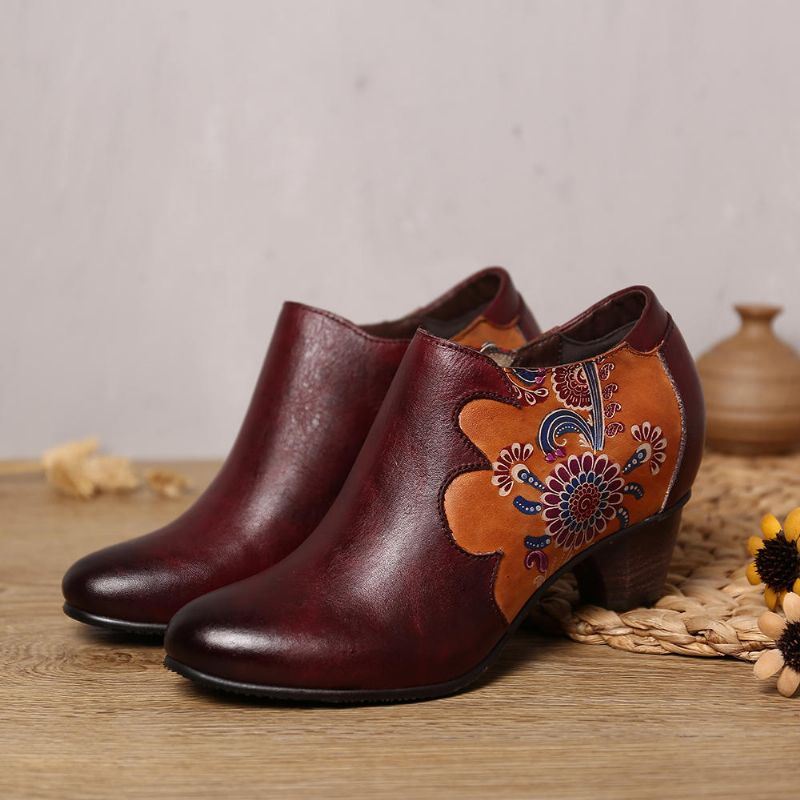 Dames Handgeschilderde Bloemen Stiksels Lederen Rits Pumps