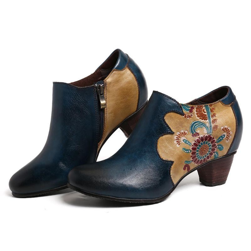 Dames Handgeschilderde Bloemen Stiksels Lederen Rits Pumps