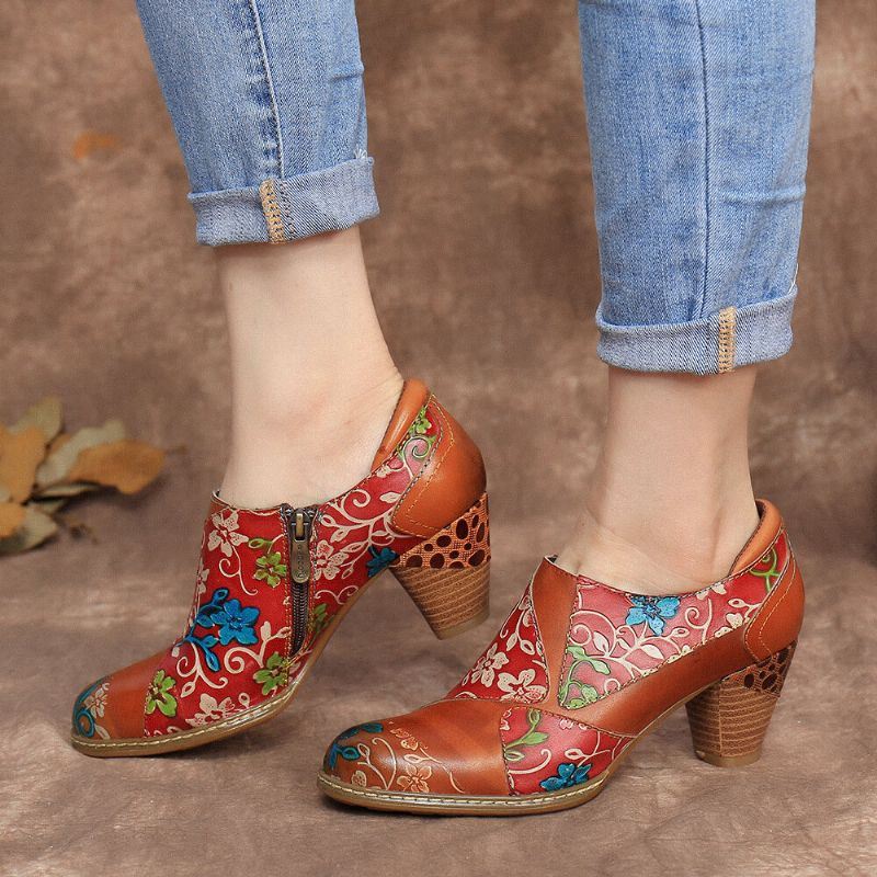 Dames Lederen Bloemen Splitsen Stiksels Rits Chunky Hak Pumps Jurk Schoenen