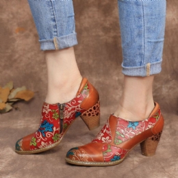 Dames Lederen Bloemen Splitsen Stiksels Rits Chunky Hak Pumps Jurk Schoenen