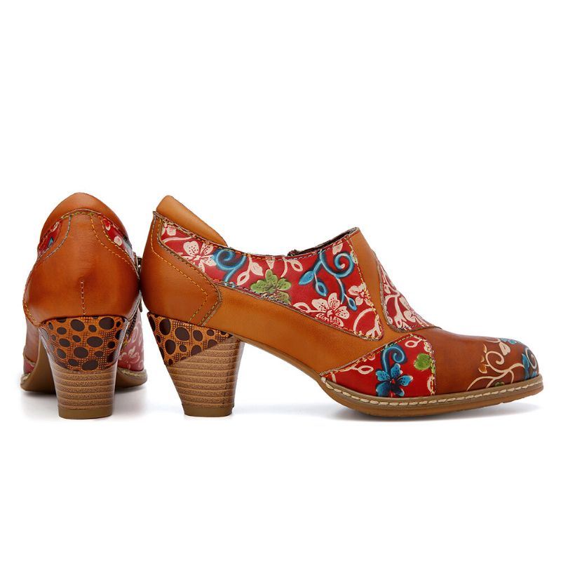 Dames Lederen Bloemen Splitsen Stiksels Rits Chunky Hak Pumps Jurk Schoenen