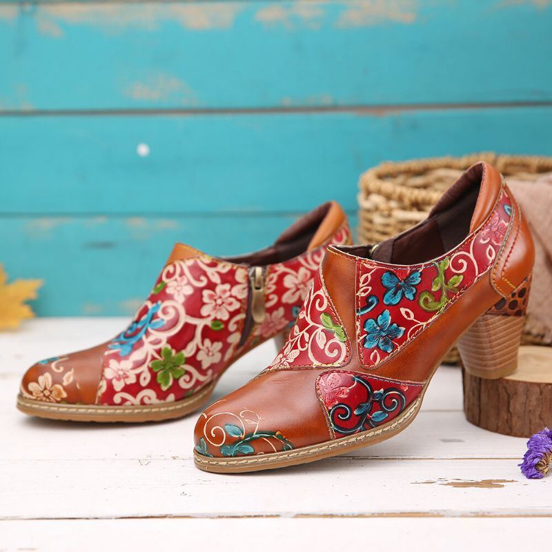 Dames Lederen Bloemen Splitsen Stiksels Rits Chunky Hak Pumps Jurk Schoenen