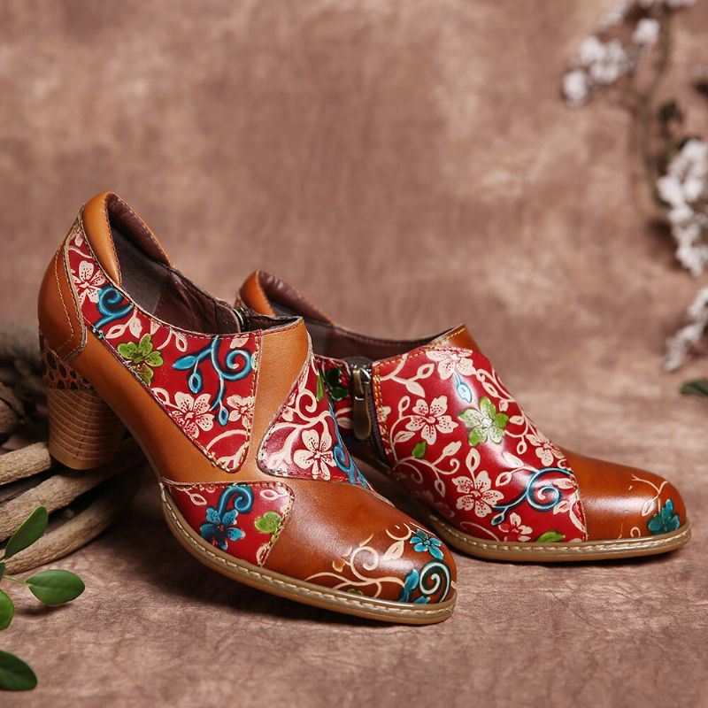 Dames Lederen Bloemen Splitsen Stiksels Rits Chunky Hak Pumps Jurk Schoenen