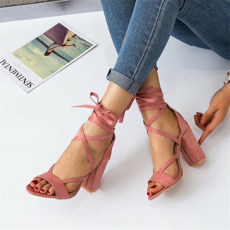 Dames Plus Size Strappy Open Teen Suède Hoge Hak Zomer Sandalen