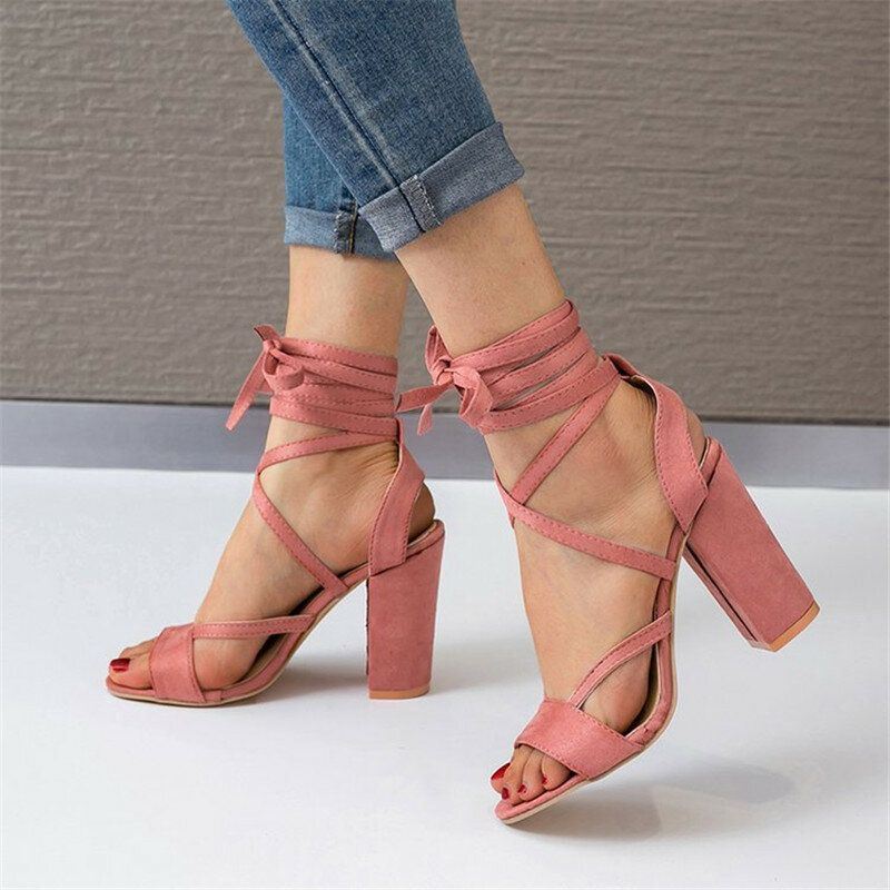 Dames Plus Size Strappy Open Teen Suède Hoge Hak Zomer Sandalen