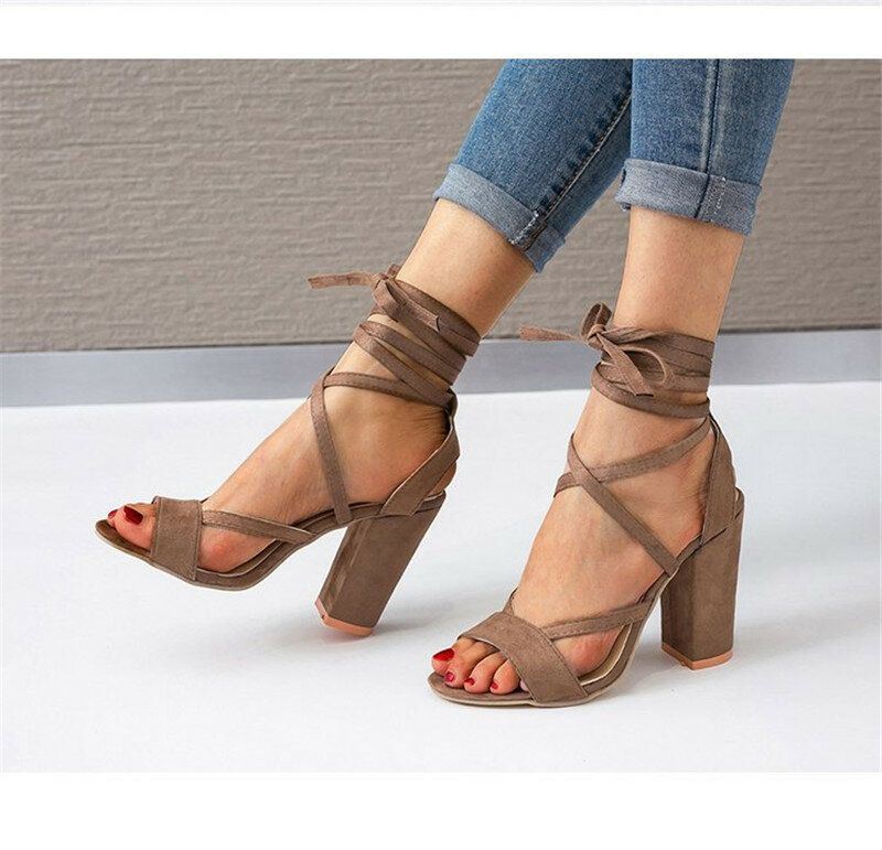 Dames Plus Size Strappy Open Teen Suède Hoge Hak Zomer Sandalen