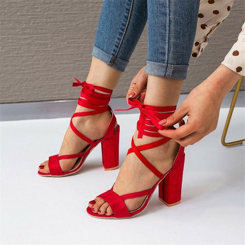 Dames Plus Size Strappy Open Teen Suède Hoge Hak Zomer Sandalen