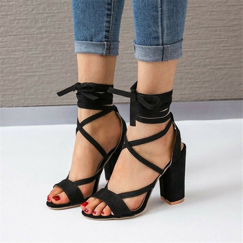 Dames Plus Size Strappy Open Teen Suède Hoge Hak Zomer Sandalen