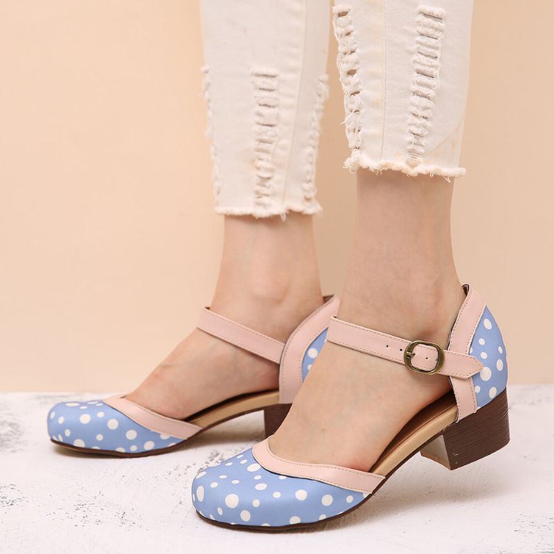 Dames Polka Dot Ronde Teen Enkelband Blokhak Casual Comfortabele Hakken Pumps