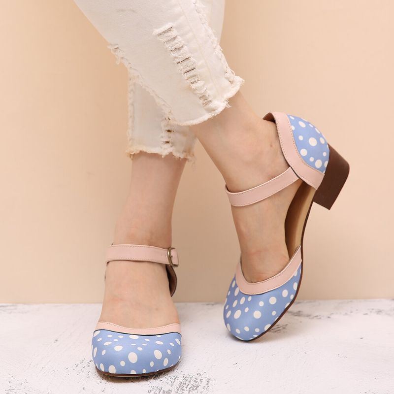 Dames Polka Dot Ronde Teen Enkelband Blokhak Casual Comfortabele Hakken Pumps