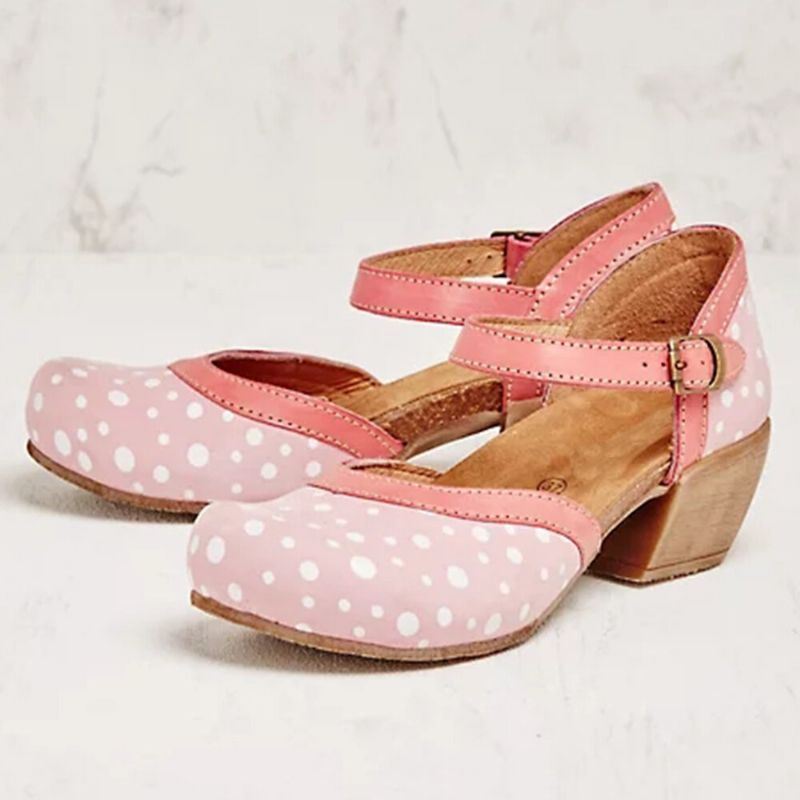 Dames Polka Dot Ronde Teen Enkelband Blokhak Casual Comfortabele Hakken Pumps