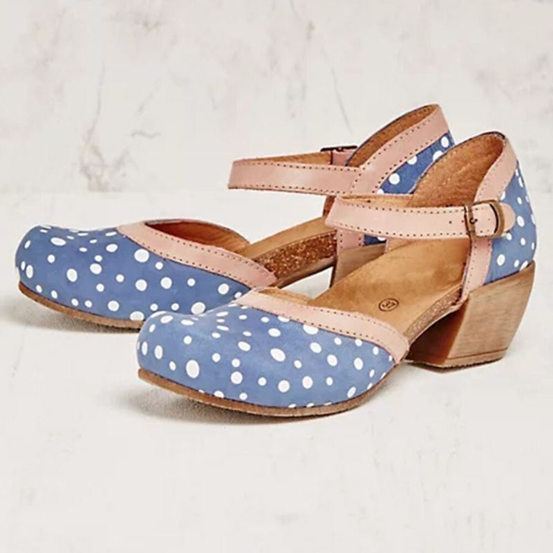 Dames Polka Dot Ronde Teen Enkelband Blokhak Casual Comfortabele Hakken Pumps