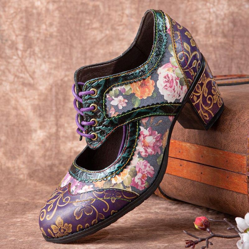 Dames Retro Bloemenprint Leer Hollow Out Soft Comfy Gebeeldhouwde Chunky Heels