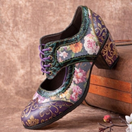 Dames Retro Bloemenprint Leer Hollow Out Soft Comfy Gebeeldhouwde Chunky Heels