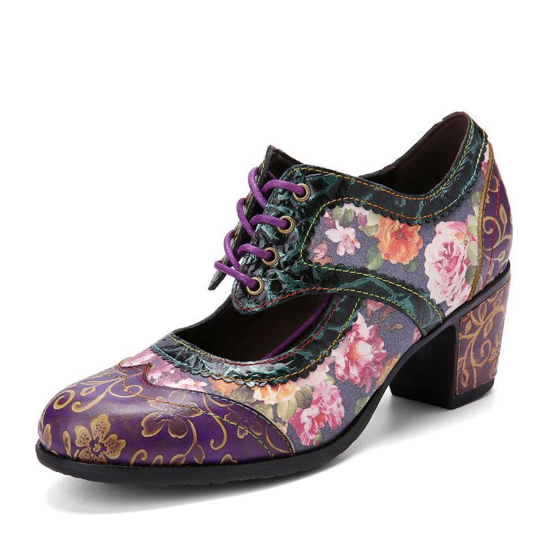 Dames Retro Bloemenprint Leer Hollow Out Soft Comfy Gebeeldhouwde Chunky Heels