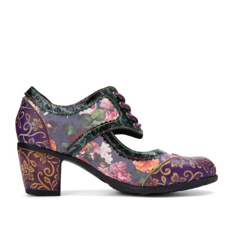 Dames Retro Bloemenprint Leer Hollow Out Soft Comfy Gebeeldhouwde Chunky Heels