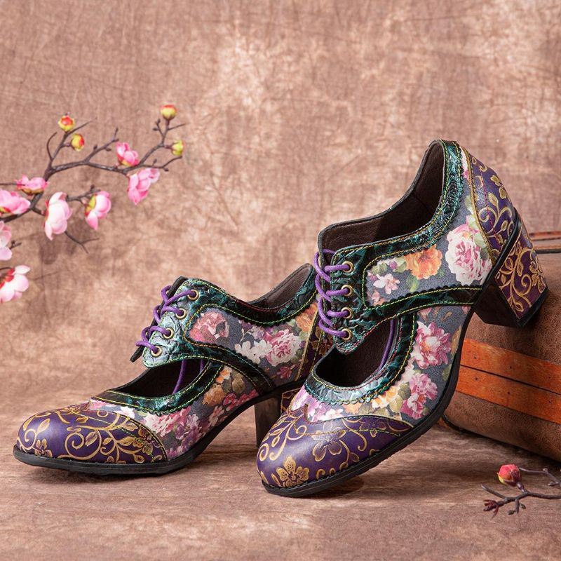 Dames Retro Bloemenprint Leer Hollow Out Soft Comfy Gebeeldhouwde Chunky Heels