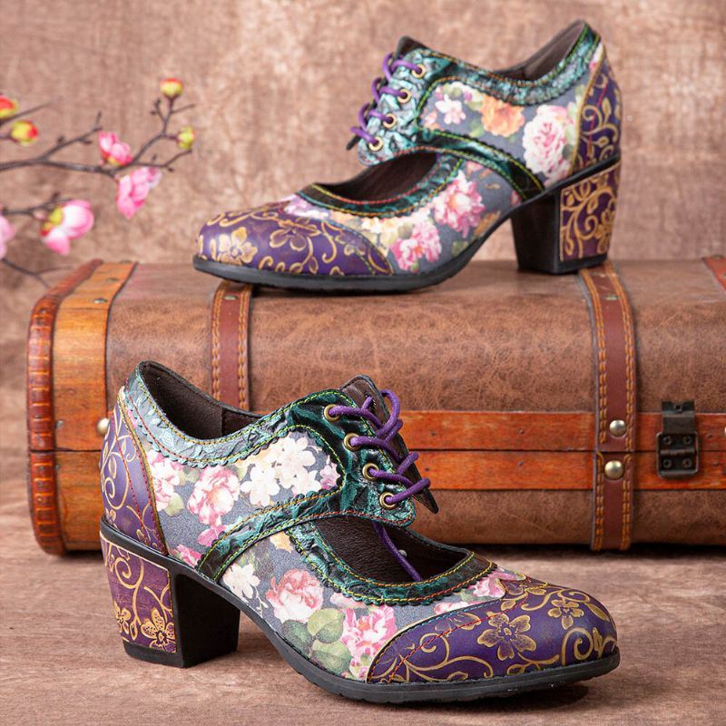 Dames Retro Bloemenprint Leer Hollow Out Soft Comfy Gebeeldhouwde Chunky Heels