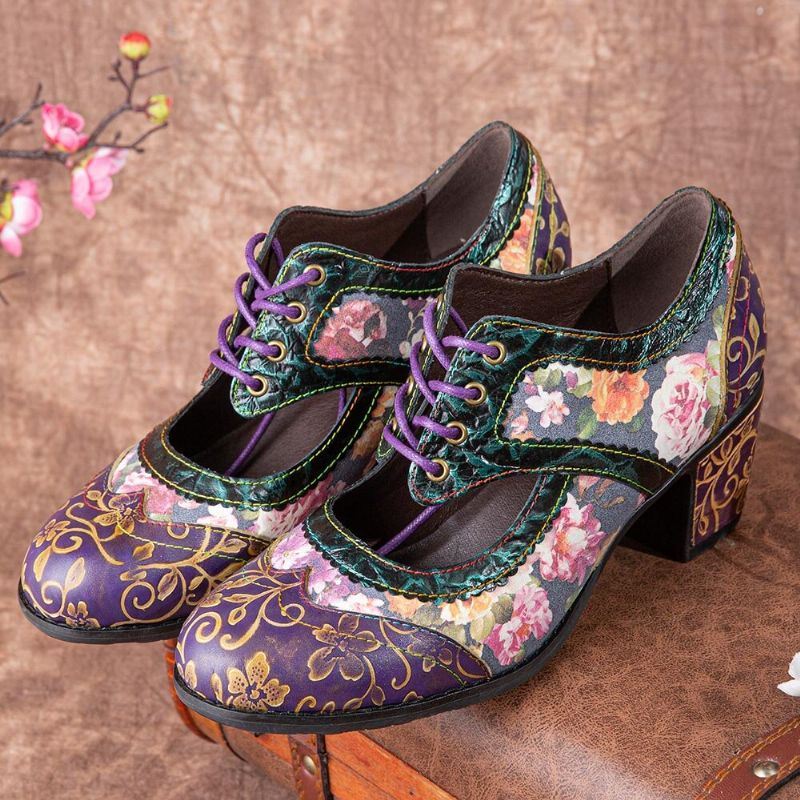 Dames Retro Bloemenprint Leer Hollow Out Soft Comfy Gebeeldhouwde Chunky Heels