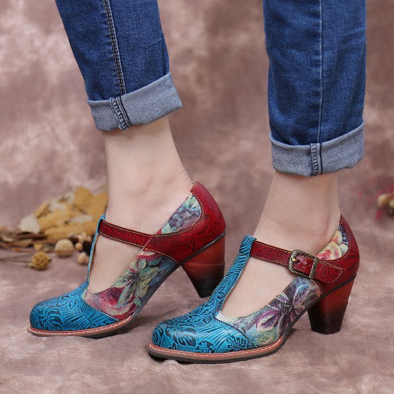 Dames Retro Echt Leer Bloem Reliëf Bladeren T-band Chunky Heel Pumps