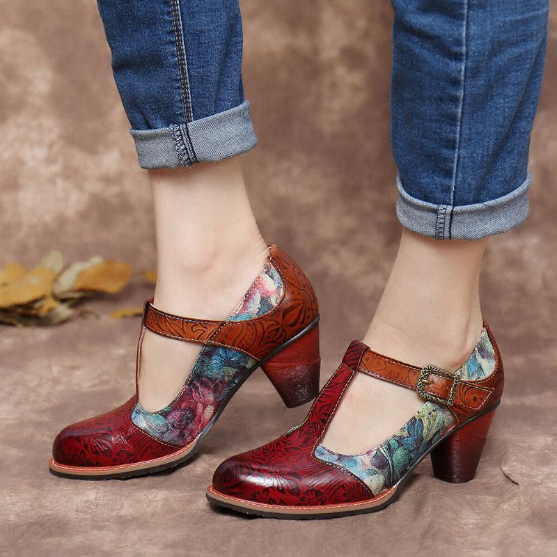 Dames Retro Echt Leer Bloem Reliëf Bladeren T-band Chunky Heel Pumps