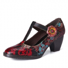 Dames Retro Florals Borduurwerk Bloemen Leren Lage Hak T-band Klittenband Pumps