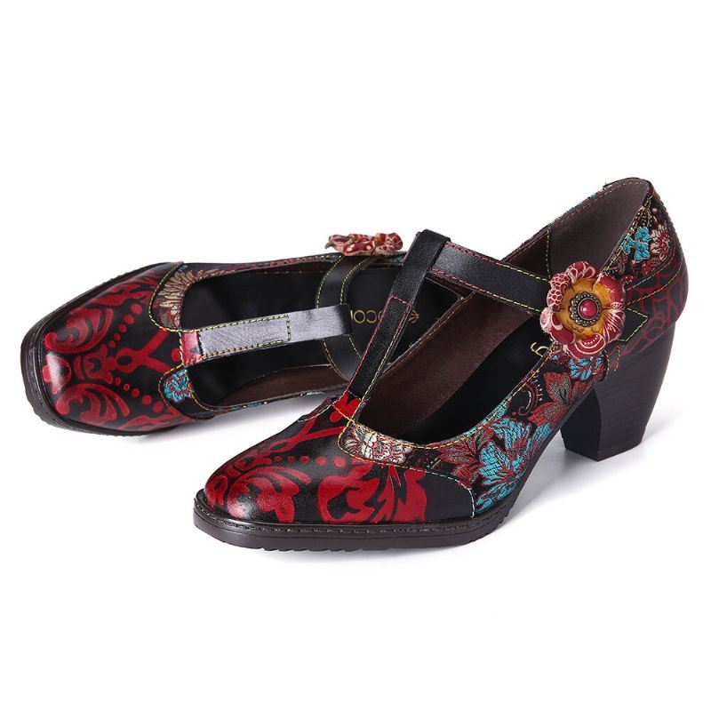 Dames Retro Florals Borduurwerk Bloemen Leren Lage Hak T-band Klittenband Pumps