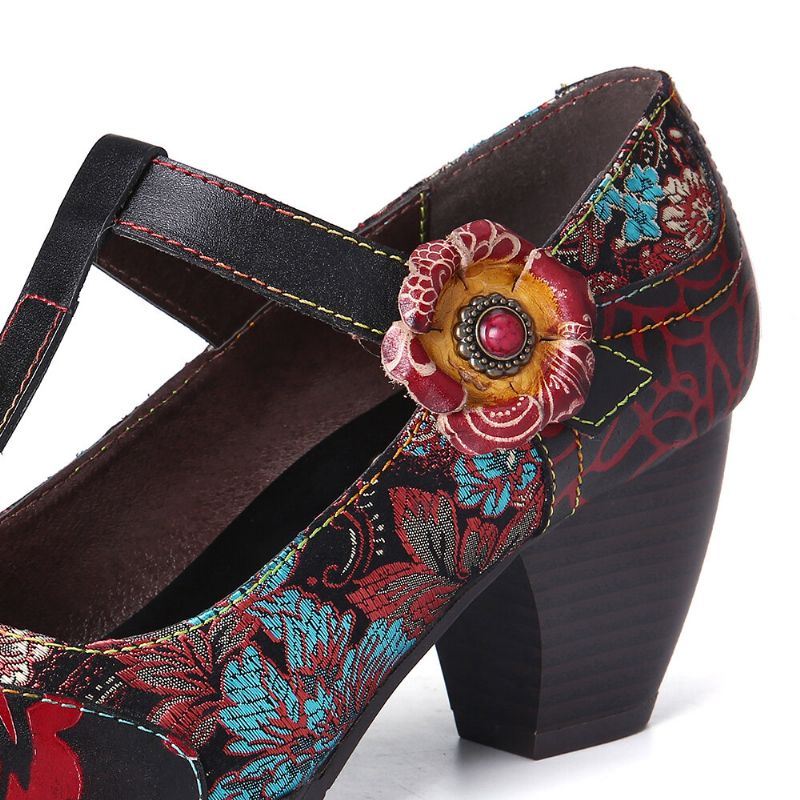 Dames Retro Florals Borduurwerk Bloemen Leren Lage Hak T-band Klittenband Pumps