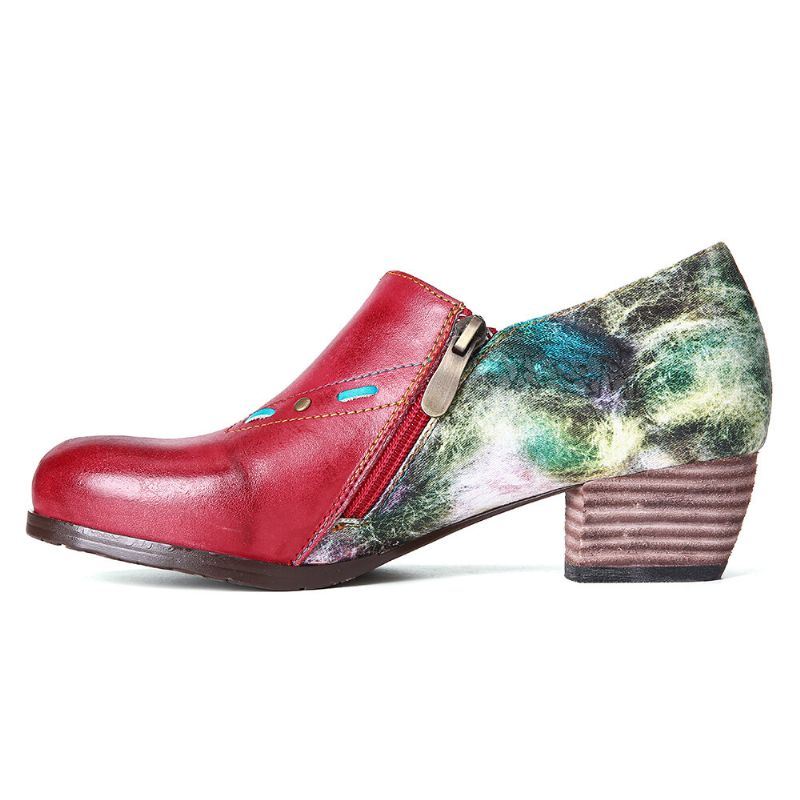 Dames Retro Galaxy Patroon Stiksels Metalen Kralen Echt Leer Vierkante Hak Pumps