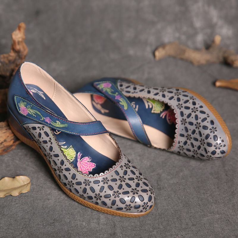 Dames Retro Leren Bloemen Uitsparingen Ronde Neus Reliëf Bloemen Hool Loop Wedges Pumps