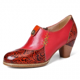 Dames Retro Leren Kralen Bloem Reliëf Stiksels Rits Half Hak Pumps