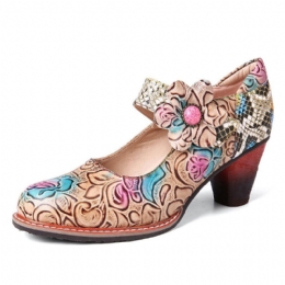 Dames Retro Leren Pumps Met Slangenleer Geplooide Neus En Chunky Heels