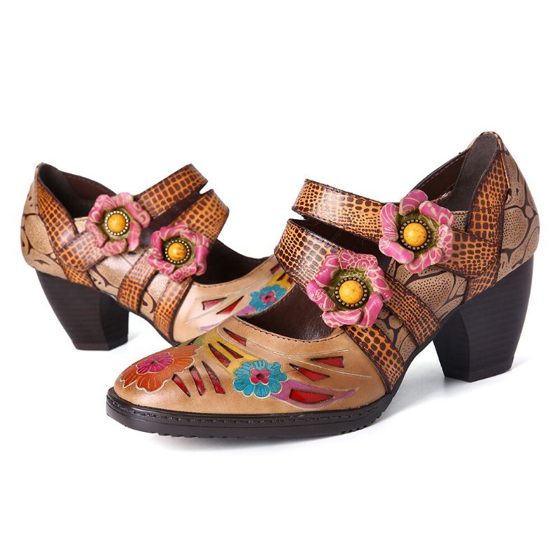 Dames Retro-printen Echte Lederen Bloemen Klittenband Lage Hak Pumps