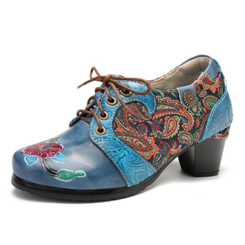 Dames Retro Reliëf Bloem Folkways Doek Patroon Lace Up Comfy Pumps