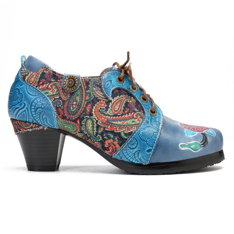 Dames Retro Reliëf Bloem Folkways Doek Patroon Lace Up Comfy Pumps