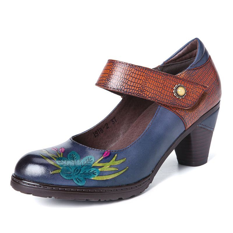 Dames Retro Schilderstijl Bloem Versierde Delicate Buckle Echte Lederen Pumps