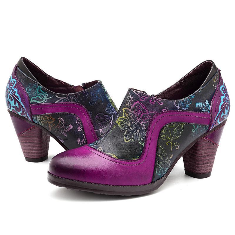 Dames Retro Splicing Patroon Rits Pumps Leren Enkellaarsjes