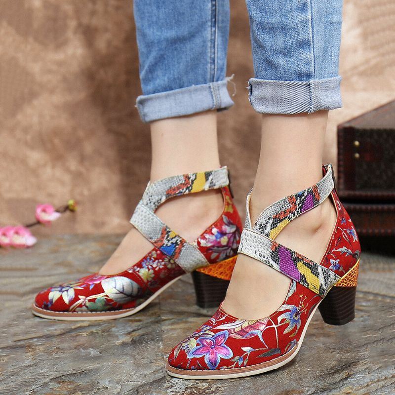 Dames Snakeskin Grain Echt Leer Splicing Bloemen Patroon Comfortabele Rits Chunky Heel Pumps