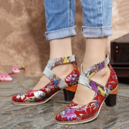 Dames Snakeskin Grain Echt Leer Splicing Bloemen Patroon Comfortabele Rits Chunky Heel Pumps