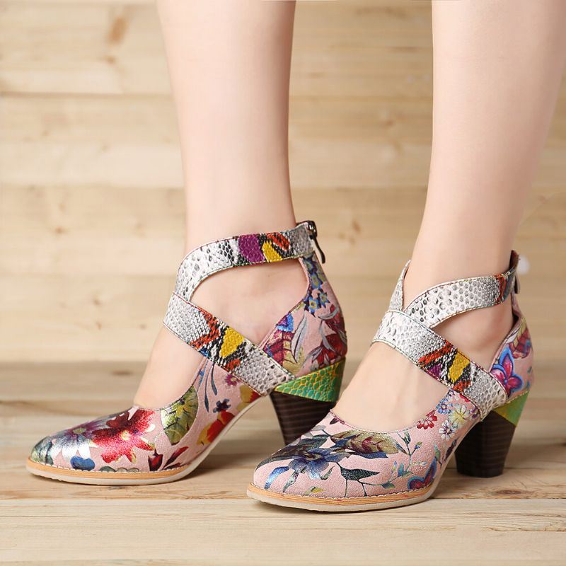 Dames Snakeskin Grain Echt Leer Splicing Bloemen Patroon Comfortabele Rits Chunky Heel Pumps