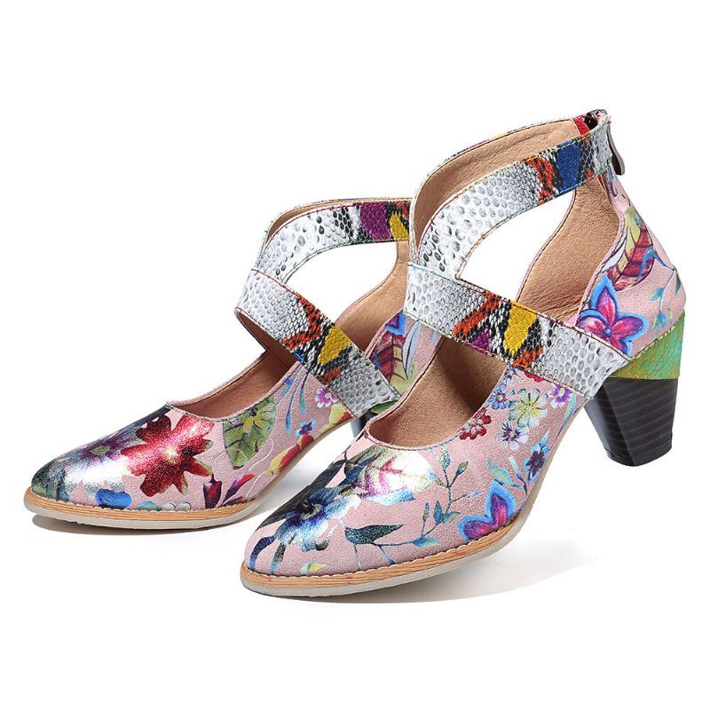 Dames Snakeskin Grain Echt Leer Splicing Bloemen Patroon Comfortabele Rits Chunky Heel Pumps