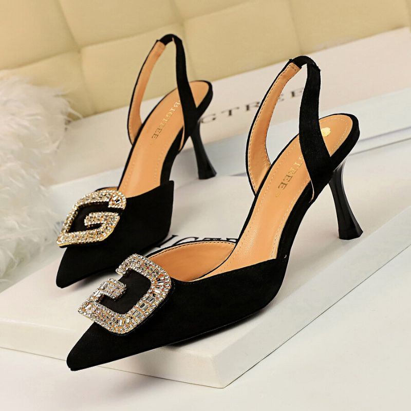 Dames Strass Puntige Teen Slingback Gesp Mode Hoge Hak Pumps