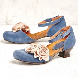 Dames Vintage Bloem Decoratie Ronde Neus Enkelbandje Haak Loop Casual Hakken Pumps