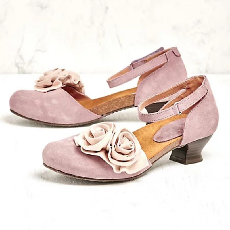 Dames Vintage Bloem Decoratie Ronde Neus Enkelbandje Haak Loop Casual Hakken Pumps