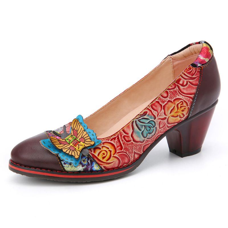 Dames Vintage Vlinder Reliëf Bloemen Lederen Splicing Stiksels Slip-on Chunky Heel Pumps