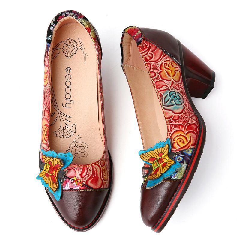 Dames Vintage Vlinder Reliëf Bloemen Lederen Splicing Stiksels Slip-on Chunky Heel Pumps