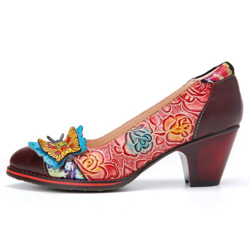 Dames Vintage Vlinder Reliëf Bloemen Lederen Splicing Stiksels Slip-on Chunky Heel Pumps